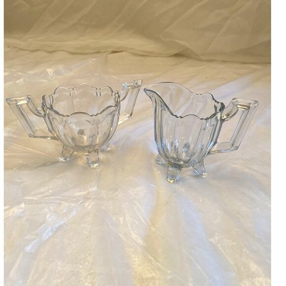 Indiana Glass Sugar Bowl and Creamer Pitcher Set Colonial Notched Clear 4 Footed - Picture 2 of 11